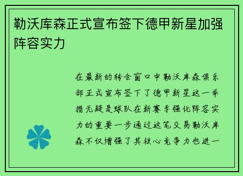勒沃库森正式宣布签下德甲新星加强阵容实力